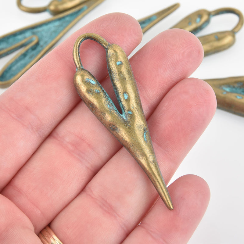 5 HEART Charm Pendants, hammered bronze metal with BLUE verdigris patina, stylized elongated heart, 60x18mm, 2-3/8" long, chs5853