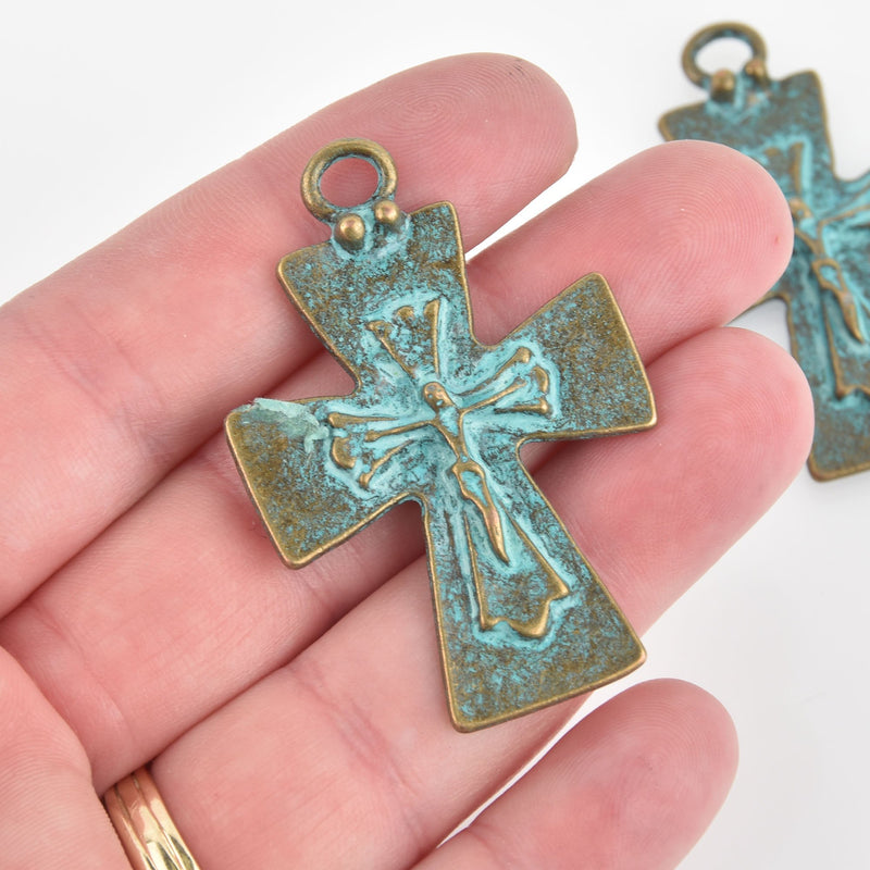 4 Bronze Crucifix Cross Charms with blue verdigris patina, large 2" long, chs5854