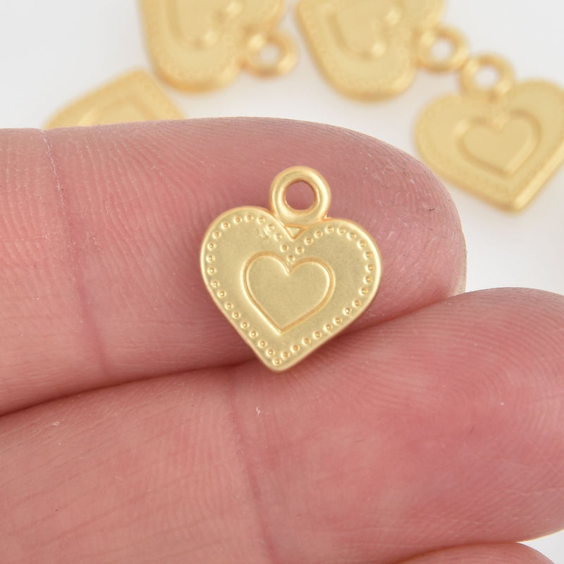 10 Matte Gold Heart Charms, 13mm chs5859