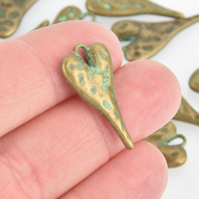 5 Bronze Patina HEART Charms, GREEN Verdigris, 27mm, 1-1/8" long, chs5863