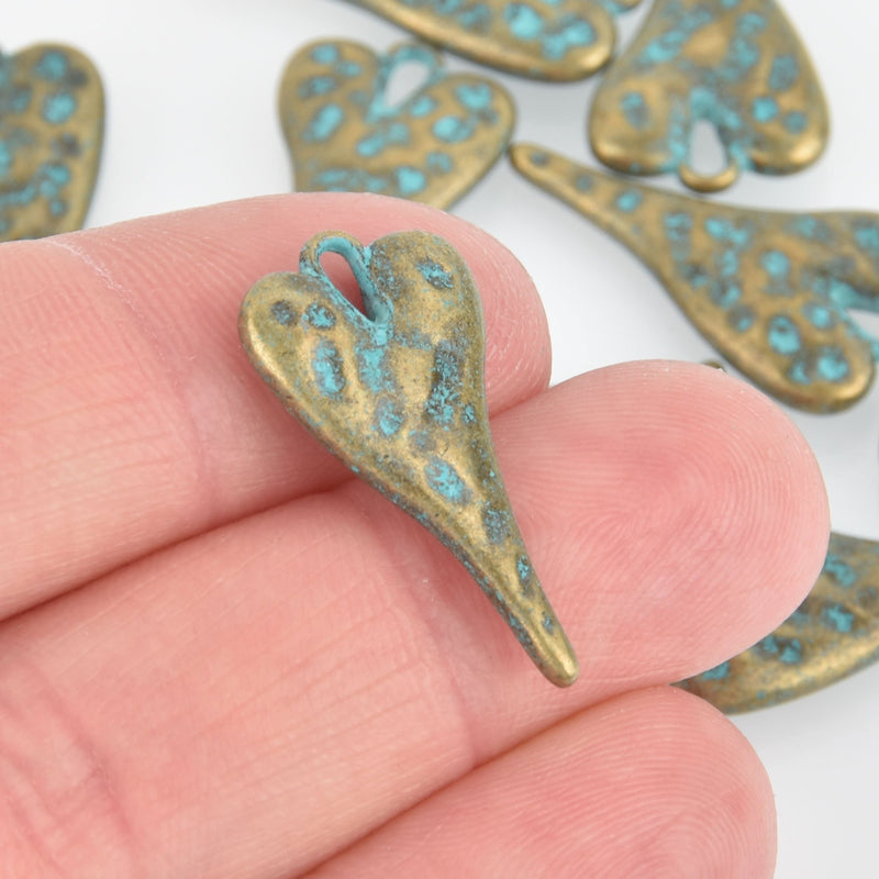 5 Bronze Patina HEART Charms, BLUE Verdigris, 27mm, 1-1/8" long, chs5864