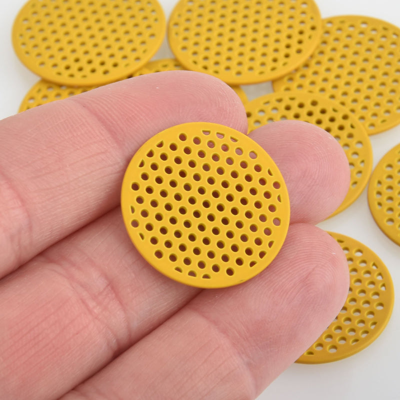 10 YELLOW Flat Round Charms, Perforated Filigree Findings 25mm, chs5868