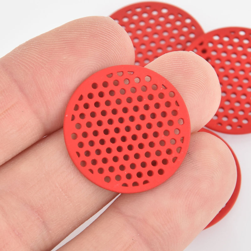 10 RED Flat Round Charms, Perforated Filigree Findings 25mm, chs5869