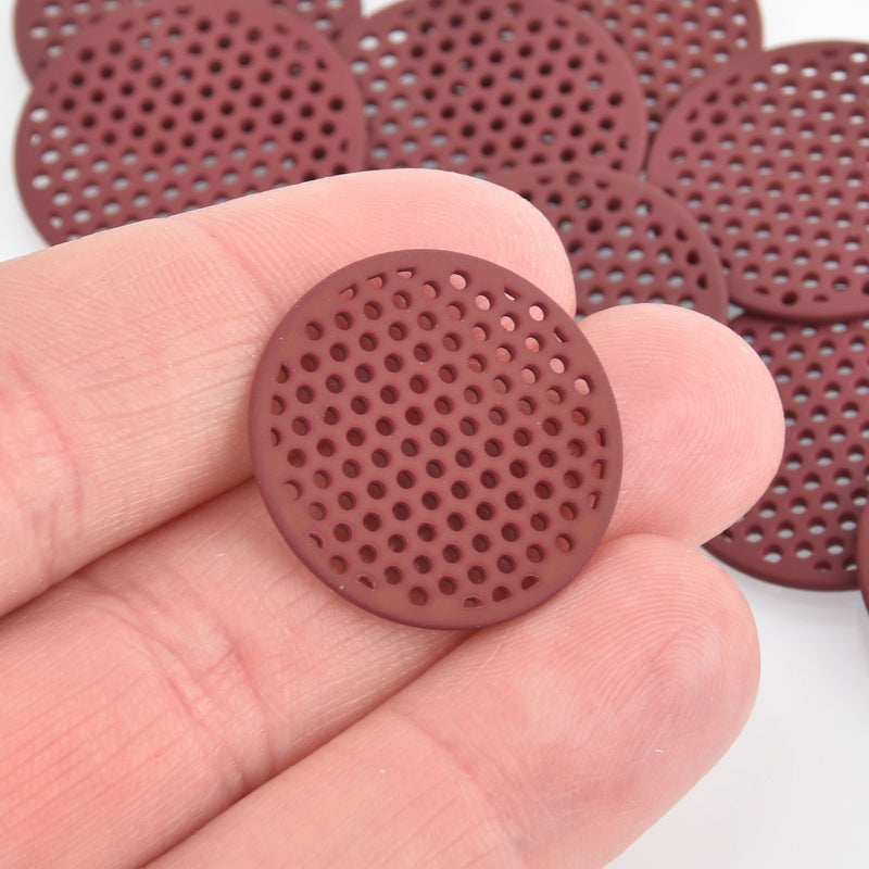 10 MAROON RED Flat Round Charms, Perforated Filigree Findings 25mm, chs5872