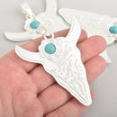 Matte Silver Cow Steer Skull Pendant, Charm Faux Turquoise Cabochon, Southwest Style chs5874