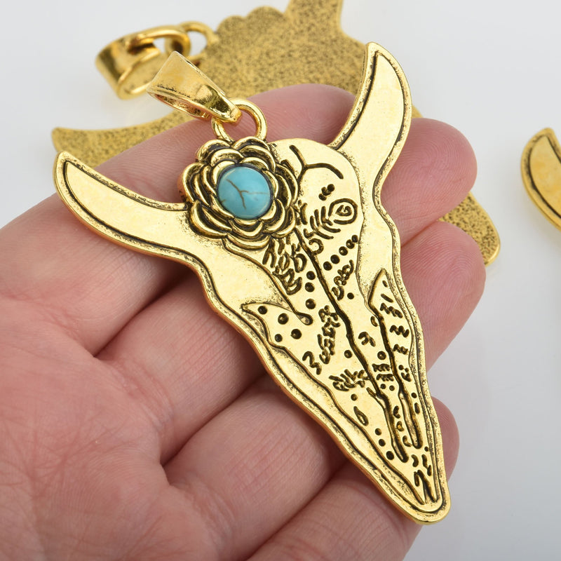 Gold Cow Steer Skull Pendant Charm Faux Turquoise Cabochon, Southwest Style, bail included chs5875