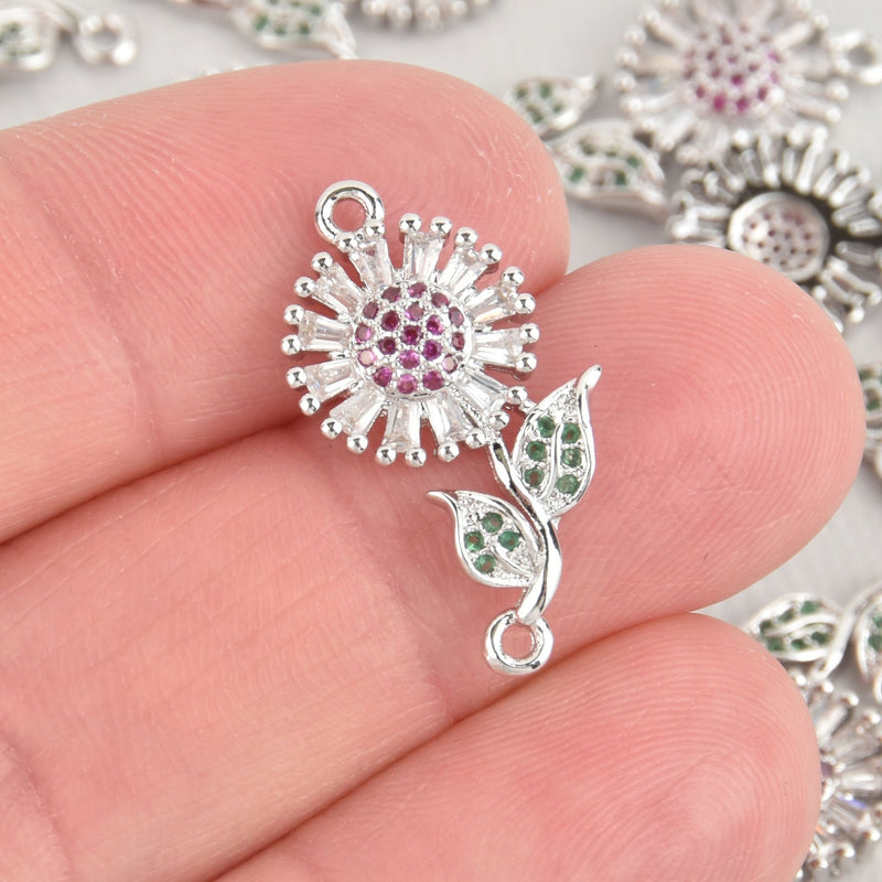 Silver Crystal Flower Charm Connector Link Micro Pave CZ Crystals chs5879
