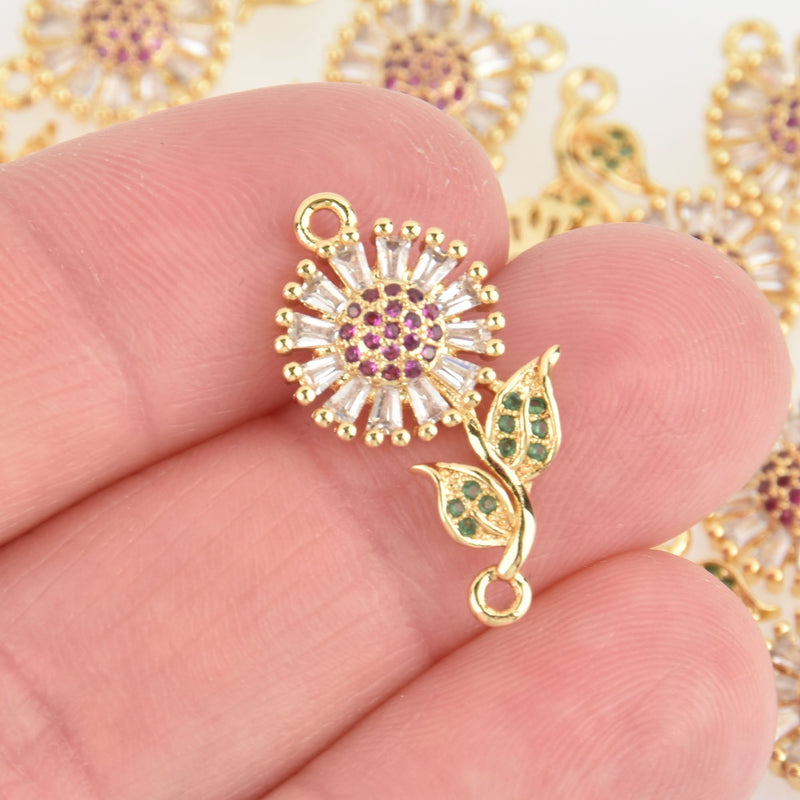 Gold Crystal Flower Charm Connector Link Micro Pave CZ Crystals chs5880