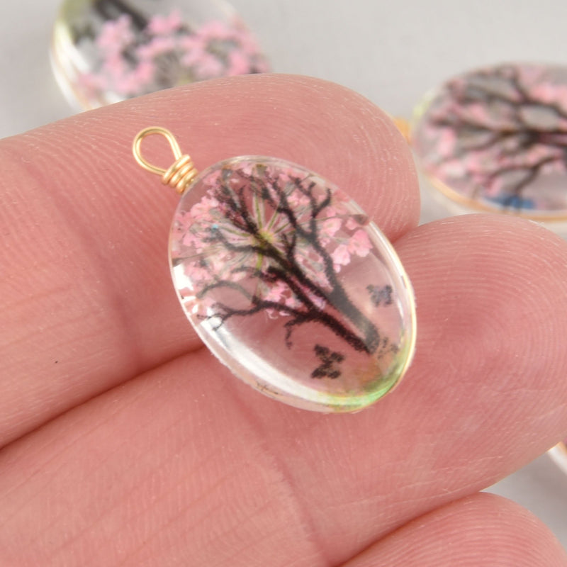 2 Pink Pressed Flower Charms, Gold Loop with Glass, Real Flowers chs5886