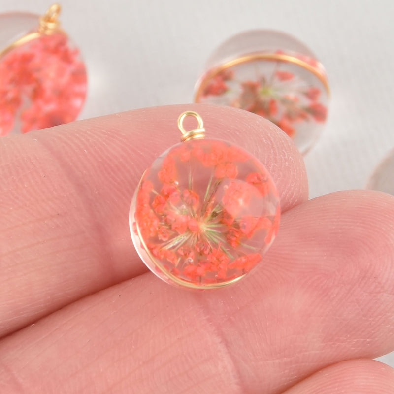 2 Coral Red Pressed Flower Charms Glass Globe with real dried flowers 14mm chs5888