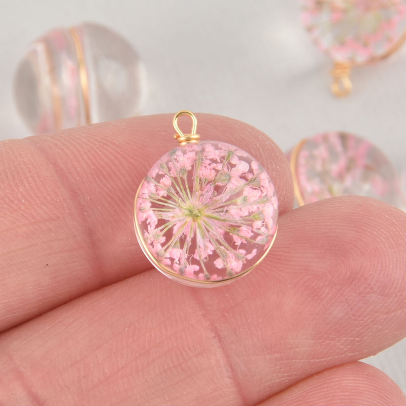 2 Pink Pressed Flower Charms Glass Globe with real dried flowers 14mm chs5889
