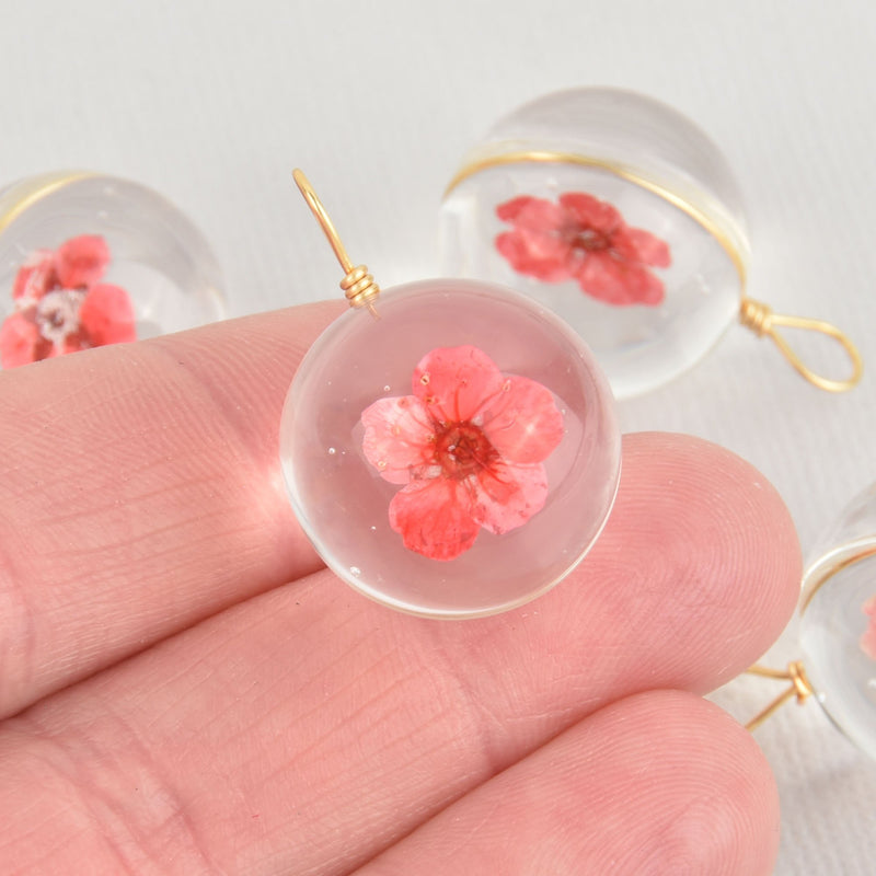 2 Coral Pink Pressed Flower Globe charms Glass with real flowers 20mm chs5890
