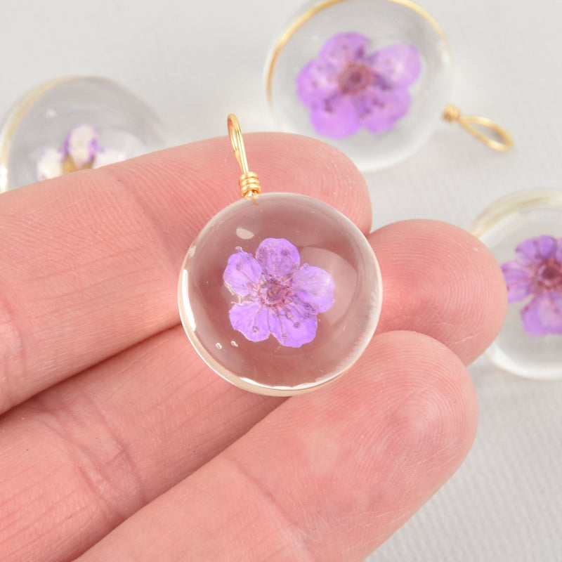 2 Purple Pressed Flower Globe charms Glass with real flowers 20mm chs5891