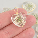 2 White Pressed Flower Heart Charms WHITE real flowers Gold Wire Wrap chs5892