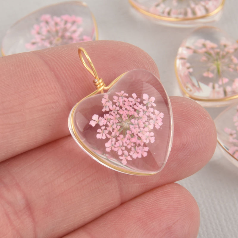 2 Pink Pressed Flower Heart Charms real flowers Gold Wire Wrap chs5893