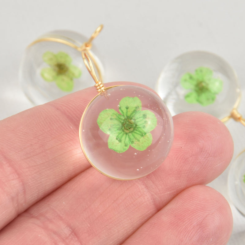2 Green Pressed Flower Globe charms Glass with real flowers 20mm chs5894