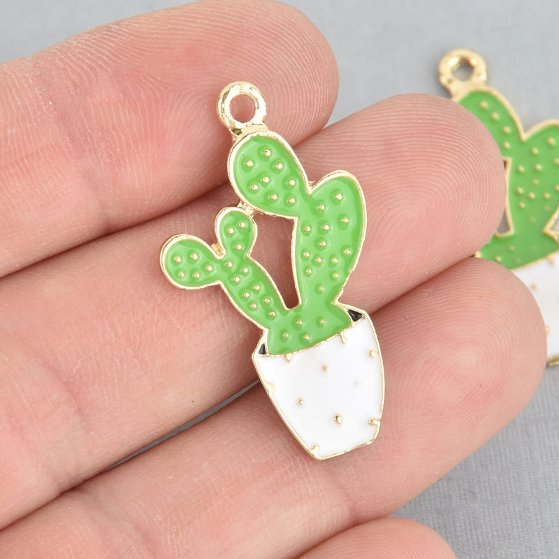 5 SUCCULENT CACTUS Charms, Green White Enamel Floral Charms, Potted Plant Charms, 20mm chs5896