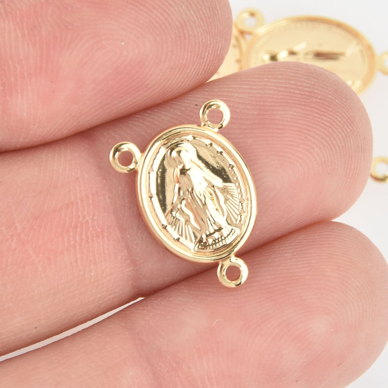 5 Gold Virgin Mary Rosary Charms Tri-Piece Connector Link, Saint Medal 2 to 1 connector chs5897