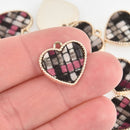 5 Light Gold Woven Heart Charm, Red Black White Gray Fabric, Threaded Heart, 3/4" chs5904