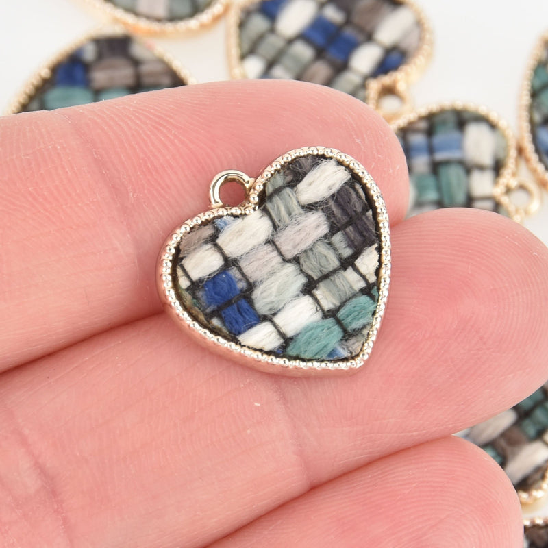 5 Light Gold Woven Heart Charm, Blue Black White Gray Fabric, Threaded Heart, 3/4" chs5905