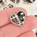 5 Light Gold Woven Heart Charm, Gray Black White Gray Fabric, Threaded Heart, 3/4" chs5908
