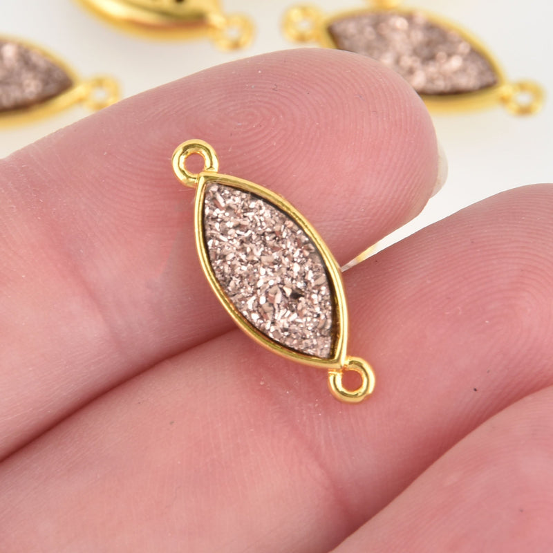 2 Spindle Druzy Charms GOLD with rose gold stone, Marquise Oval connector link 22x9mm chs5915