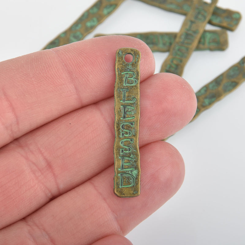 8 Bronze BLESSED Charms Green verdigris patina Religious charms, bar pendant, chs5917