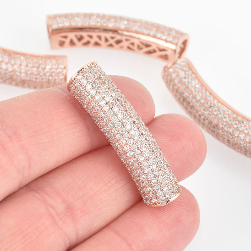 1 Micropave Rose Gold Tube Bead, Large Bracelet Bead Curved Crystal Connector, 1-1/2" chs5919