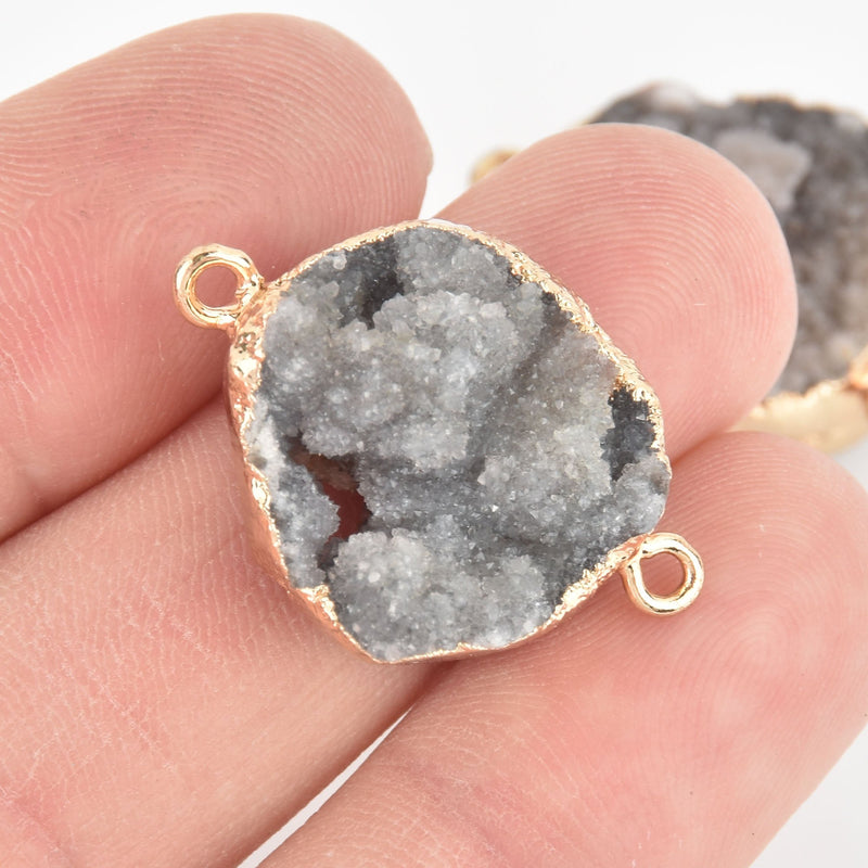 GRAY DRUZY Gemstone Charms Connector Links, raw druzy, Round Gold Plated Bezel, 1" chs5920
