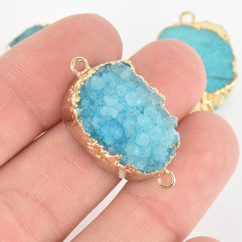TURQUOISE BLUE DRUZY Gemstone Charms Connector Links, raw druzy, Round Gold Plated Bezel, 1" chs5931