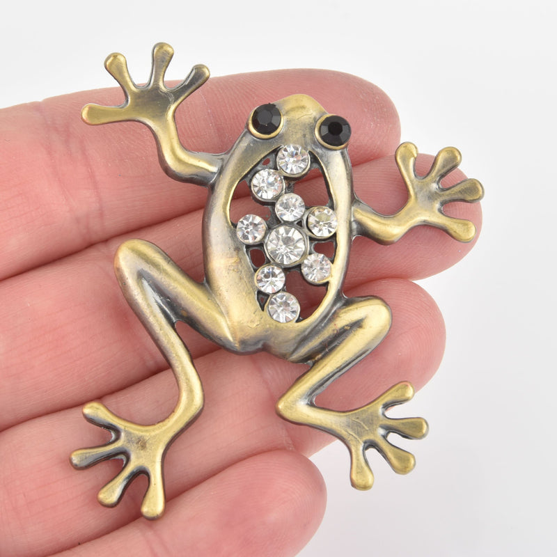 Bronze Frog Rhinestone Pendant, Clear Black Crystals Tree Frog Jewelry, 2.5" chs5940