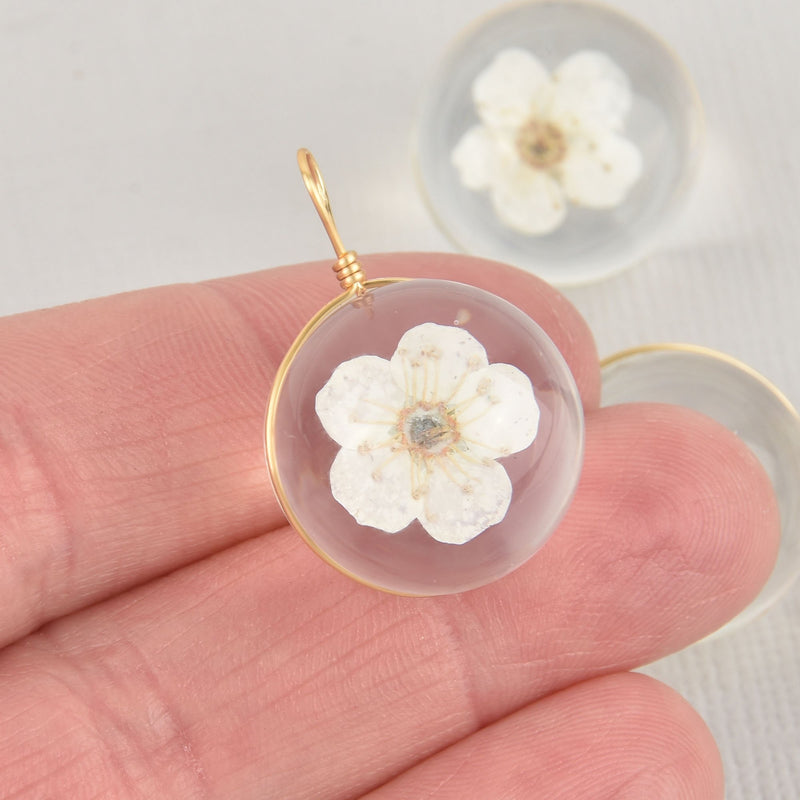 2 White Pressed Flower Globe charms Glass with real flowers 20mm chs5949