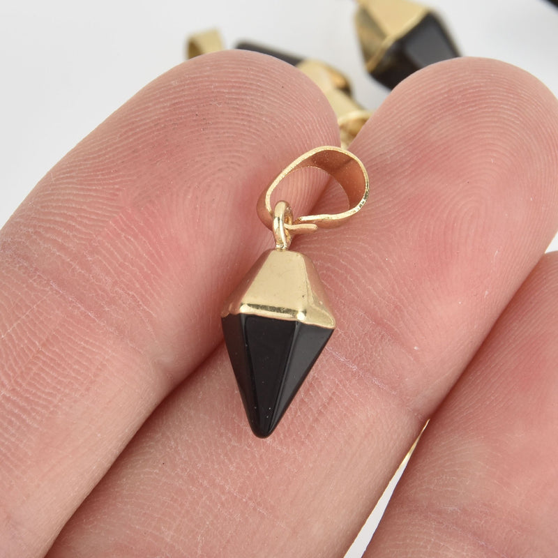 2 Black Onyx Point Charms, Pyramid, Gold Plated with Bail, 15mm chs5950