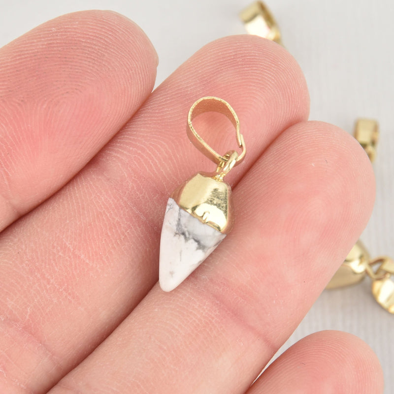 2 White Howlite Point Charms, Pyramid, Gold Plated with Bail, 15mm chs5951