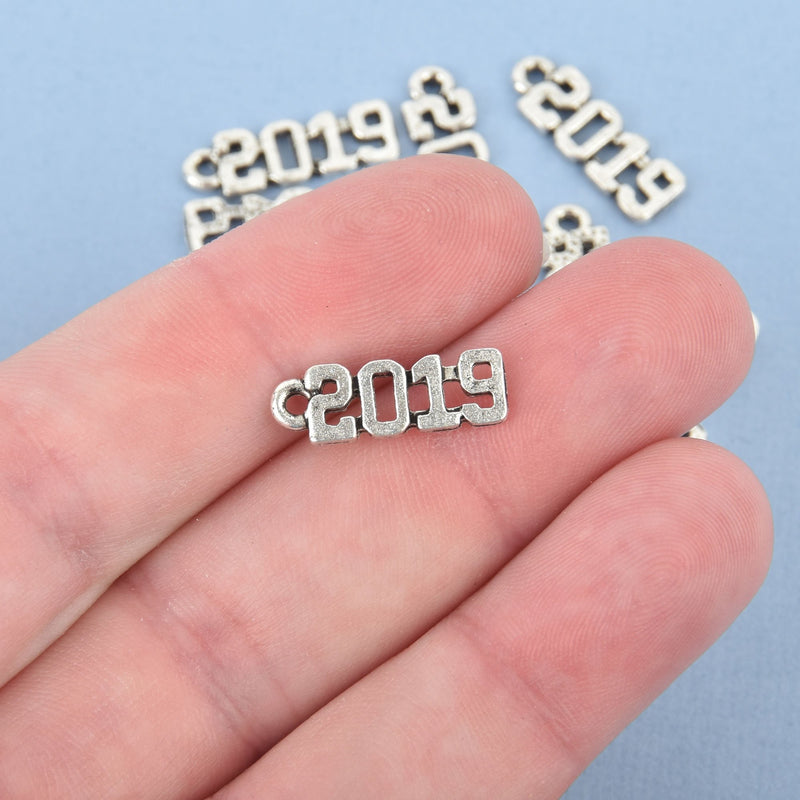 10 Silver 2019 Graduation Charm Pendants, Varsity font, 2019 graduation charm, chs6006