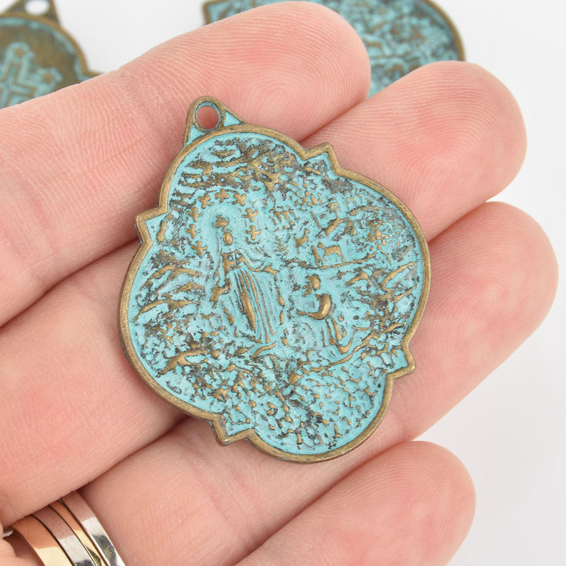 4 Bronze Patina Relic Charm Pendants, religious medal coin charms with BLUE verdigris patina, 40x34mm, chs6007
