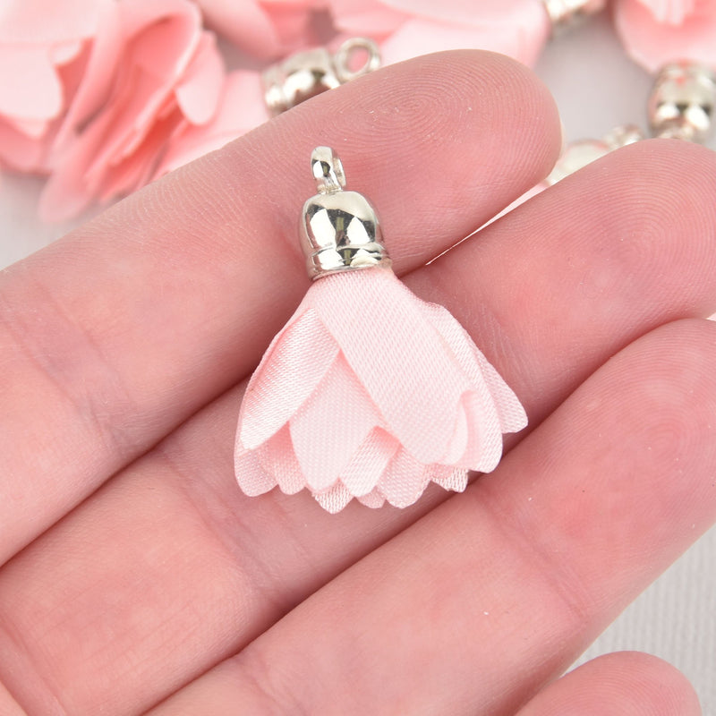 4 BALLERINA PINK BLUSH Flower Rose Floral Fabric Tassel Charms Silver Tone Cap 33mm long (about 1-1/4") Chs6008