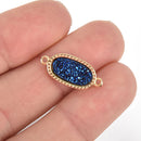 2 BLUE Druzy Quartz Gemstone Charms GOLD Connector Link oval filigree 21x10mm chs6009