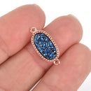 2 BLUE Druzy Quartz Gemstone Charms ROSE GOLD Connector Link oval filigree 21x10mm chs6010