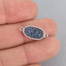 2 BLUE Druzy Quartz Gemstone Charms Silver Connector Link oval filigree 21x10mm chs6011