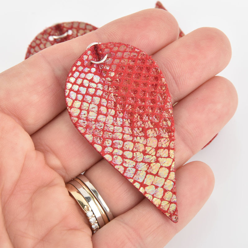 5 Red Iridescent Faux Leather Leaf Teardrop Charm Pendant Vegan Leather, 2-1/2" long chs6015