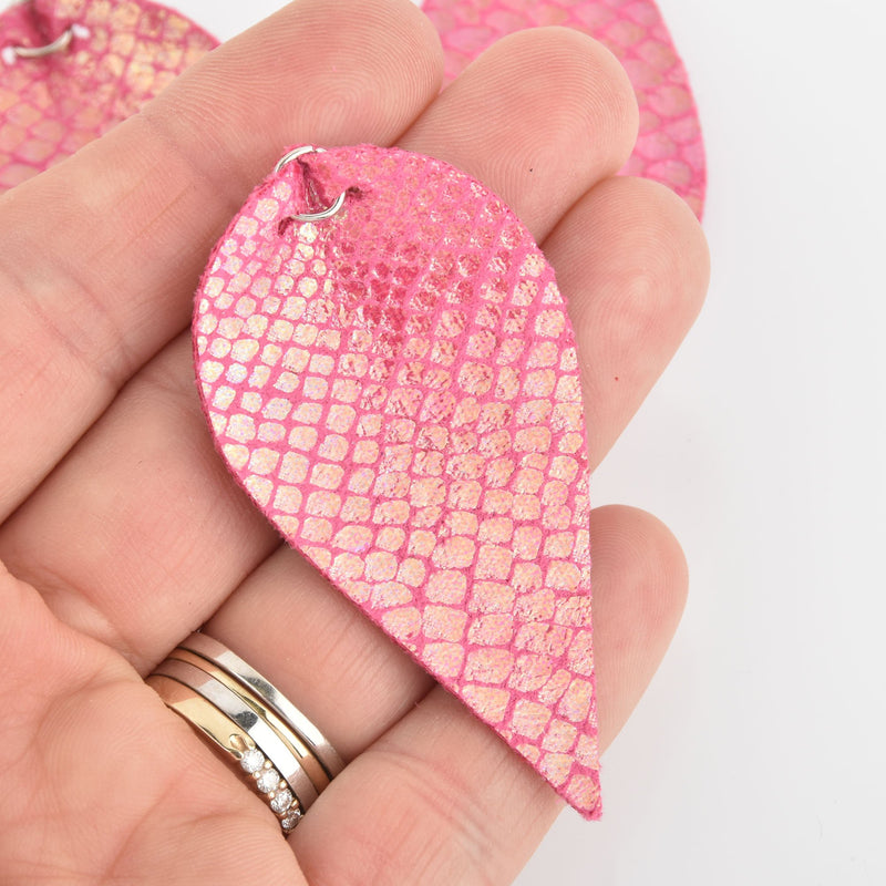 5 Pink Iridescent Faux Leather Leaf Teardrop Charm Pendant Vegan Leather, 2-1/2" long chs6017