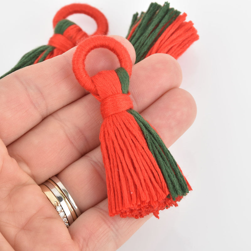2 Tassel Charms Red and Green Cotton Fringe, 2.5" long chs6025