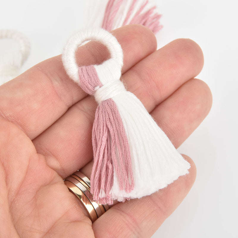 2 Tassel Charms Pink and White Cotton Fringe, 2.5" long chs6036