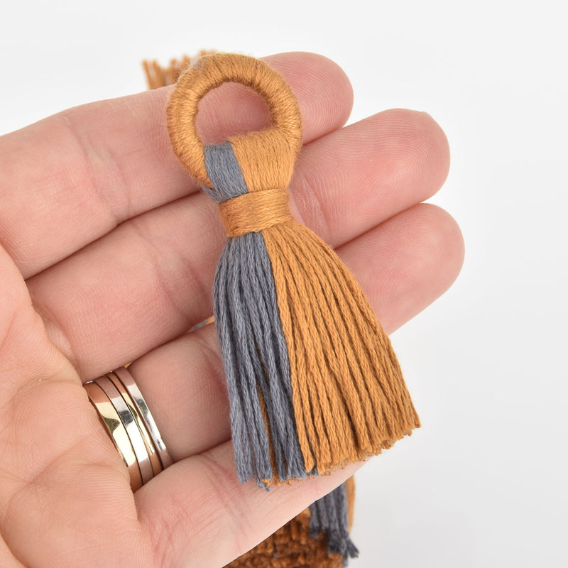 2 Tassel Charms Gray and Tan Cotton Fringe, 2.5" long chs6037