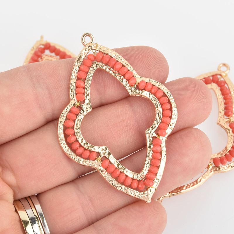 2 Gold Clover Beaded Charms, Coral Red Crystal Beads, Connector Link, 2-1/4" long, chs6038
