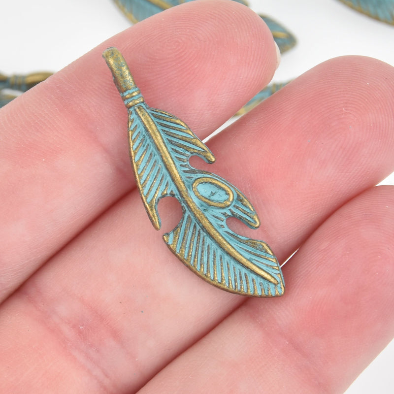 10 Bronze Feather Charms with Blue Verdigris Patina, 37mm chs6040