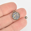 4 Bronze Rhinestone Drop Charms, 12mm round coin with AB rhinestones embedded in center, chs6044