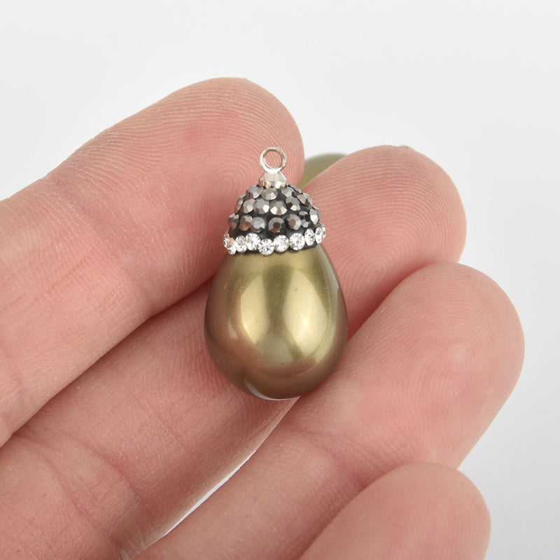 Olive Green Teardrop shell pearl charm Micro pave crystals Drop charm 1" long chs6053
