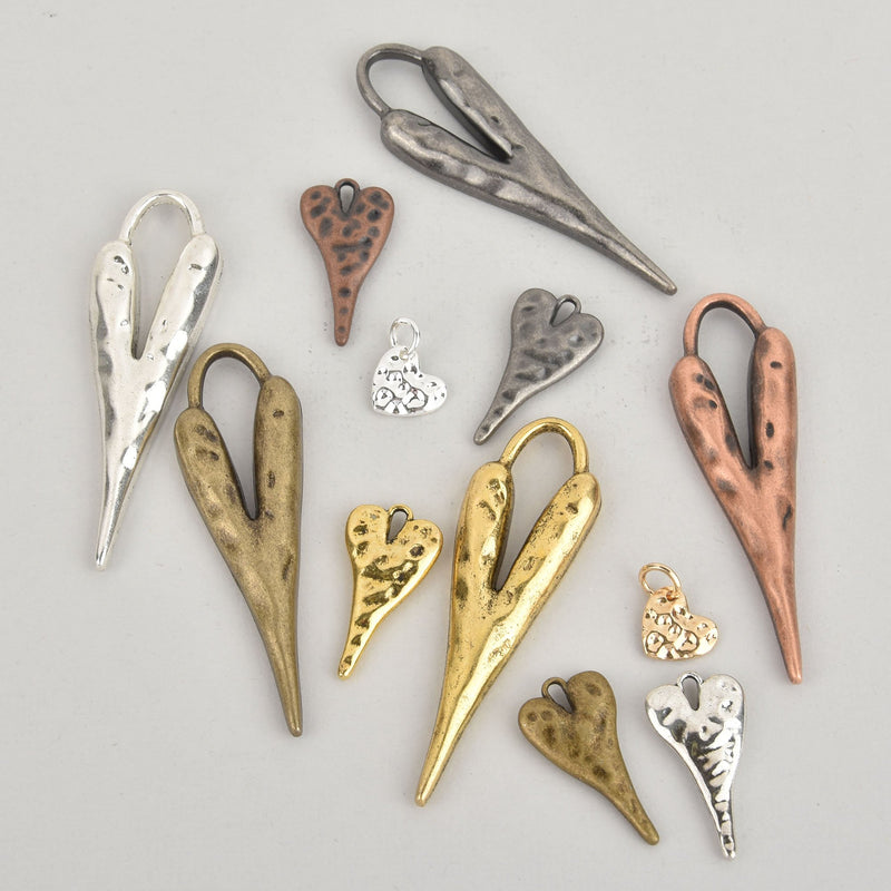 12 TEXTURED HEARTS LOVE Charm Collection, mixed metals silver gold copper gunmetal bronze chs6054